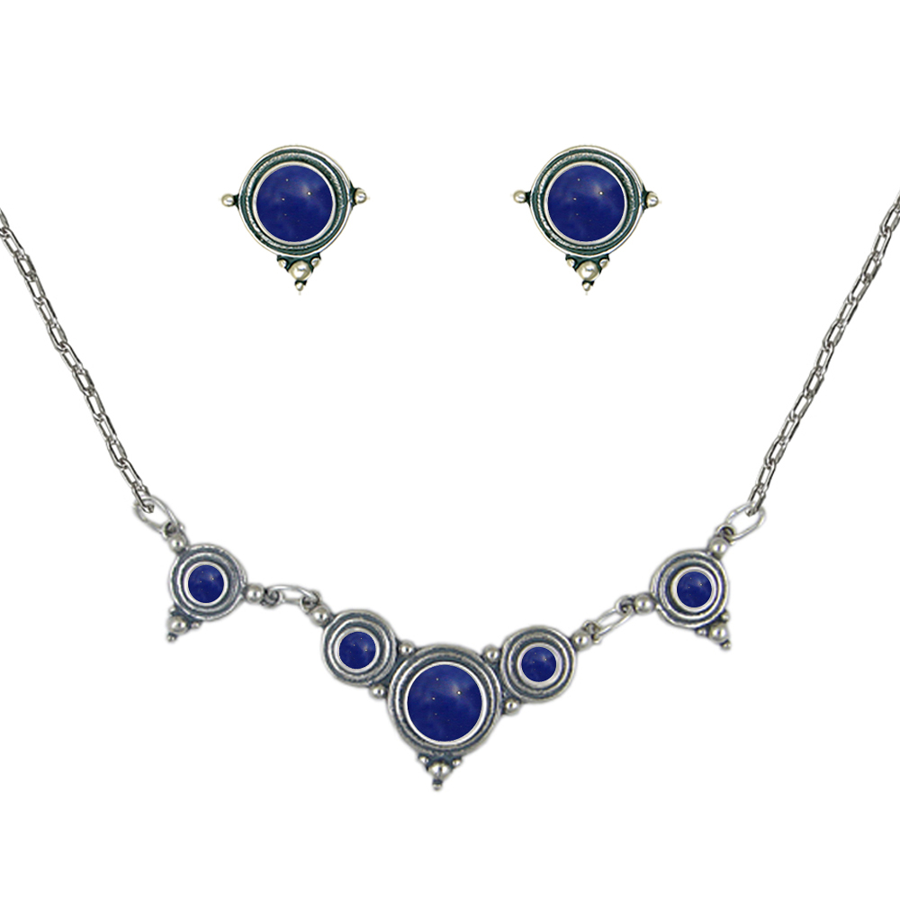 Sterling Silver Designer Necklace Earrings Set in Lapis Lazuli